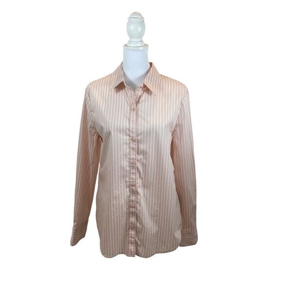 Worthington Brand ladies Button‎ Down Peach and White Striped Top Size Medium - Picture 2 of 10